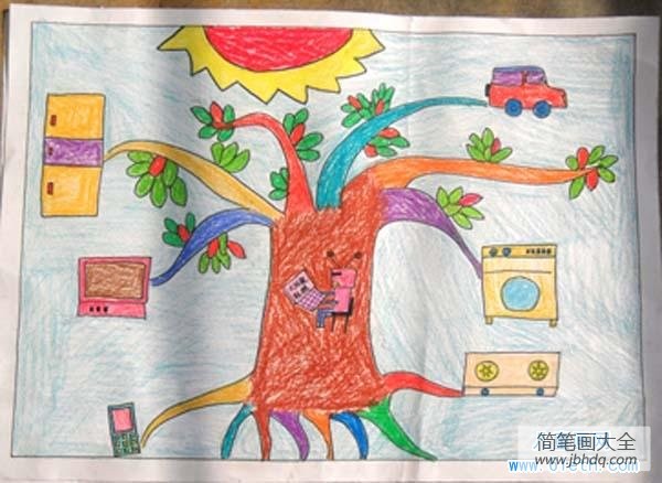 儿童科技创新大赛科幻画作品:大树太阳能充电器