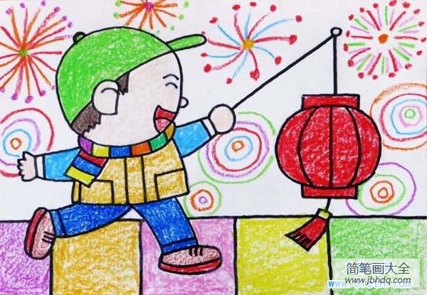 元宵节儿童画油画棒画作品大全:提灯笼的小男孩