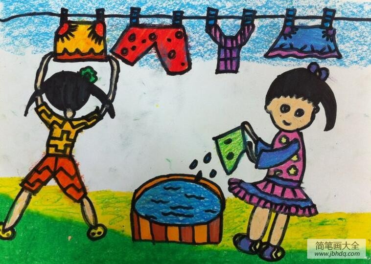 洗衣服的小姐妹五一国际劳动节绘画图片欣赏_劳动节儿童画-画画图片