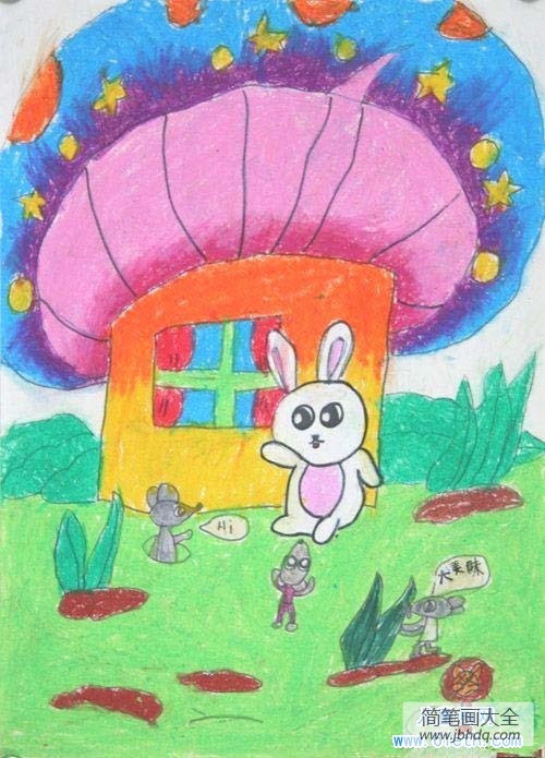 小兔子和蘑菇房子的画图片