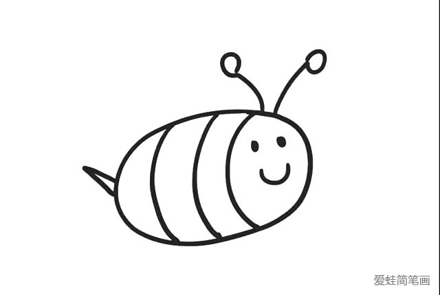 5.在头顶画上两条线， 在线的顶端画上两个小圆圈， 小蜜蜂触角就画好了。